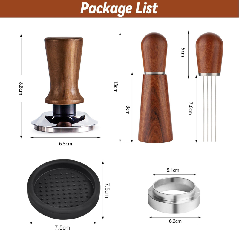 Espresso kavos aparato priedas — adatinio tipo miltelių gumavimo įrankis su medine rankena ir nerūdijančio plieno galvute.