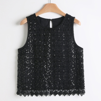 Γυναικεία αμάνικη μπλούζα από ύφασμα-δίχτυ, πολυεστέρας 50–70%, στρογγυλή λαιμόκοψη, Καλοκαίρι 2024