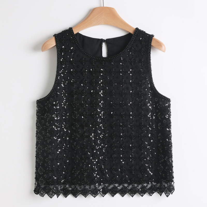 Női ujjatlan T-shirt hálószövésű anyagból, poliészter 50–70%, kerek nyak, nyár 2024