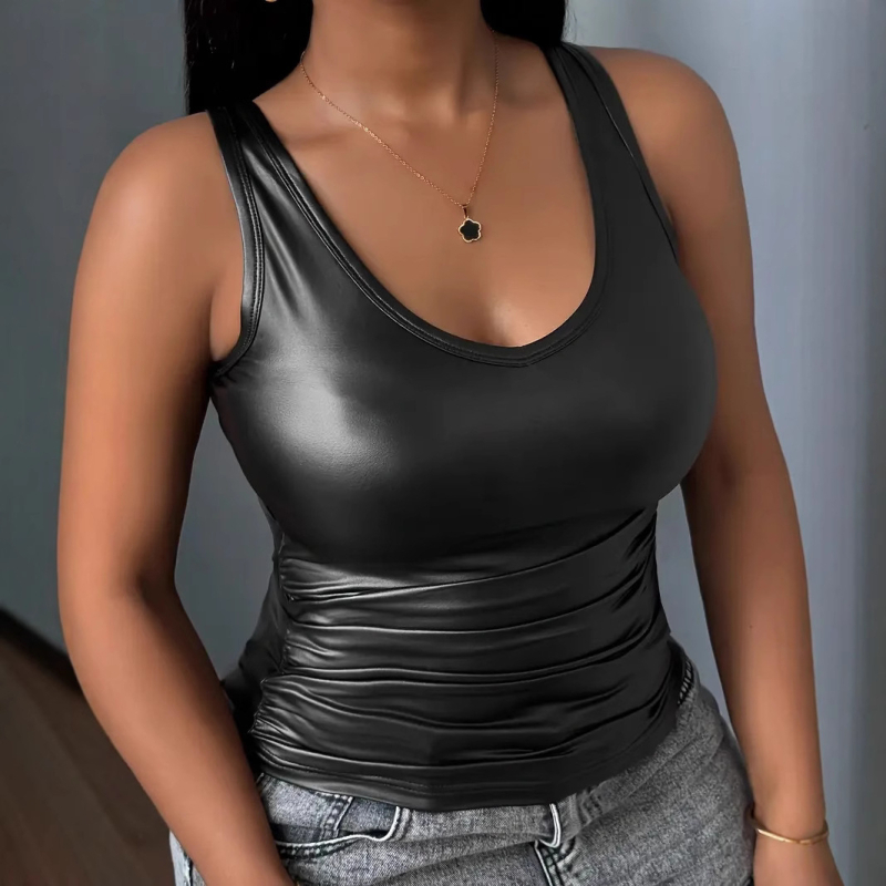 Női ujjatlan felső karcsúsított szabású, poliészter és spandex anyagból, hossz 50-65 cm, 2025 tavasz