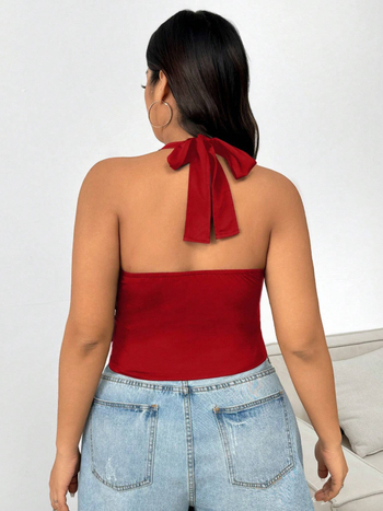 Γυναικείο τοπ με λαιμό halter, σέξι στυλ, εφαρμοστό, κοντό μήκος, μονόχρωμο ύφασμα πολυεστέρα με ελαστάν