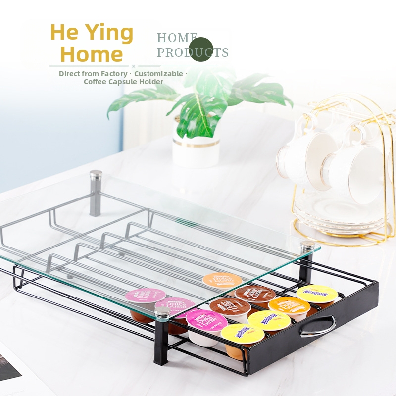 Държач за кафени капсули от ковано желязо, с чекмедже, прост и модерен дизайн, настолен, 1 ниво, многофункционален