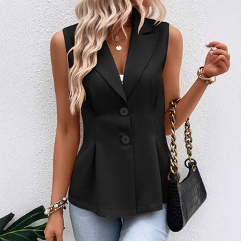 Женски втален жилет с V-образно деколте, полиестер, две копчета, едноцветен, лято 2024