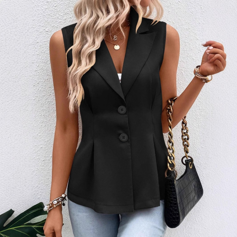 Женски втален жилет с V-образно деколте, полиестер, две копчета, едноцветен, лято 2024