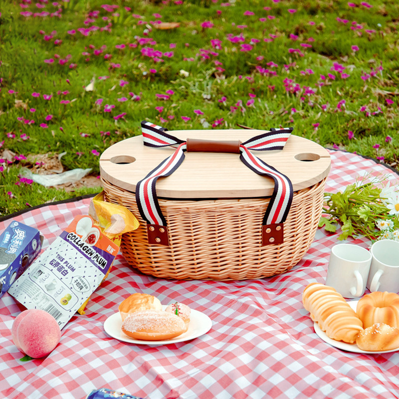 Coș de picnic din ratan, personalizabil, cu capac, izolat termic pentru depozitare în aer liber, set de 6