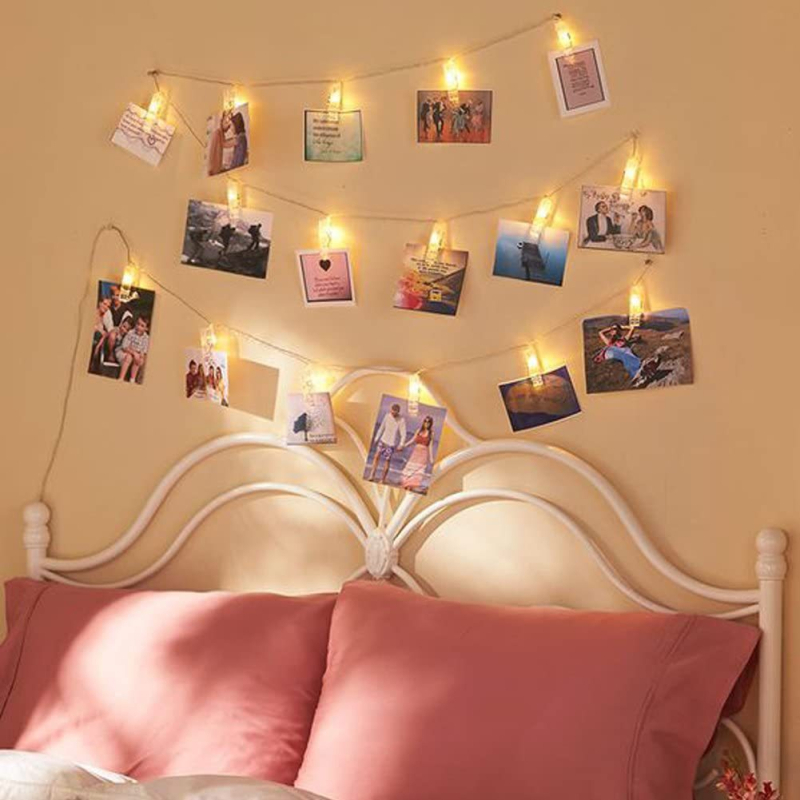 LED niz s klipovima za fotografije – dekorativno rasvjetno svjetlo za zid, USB/baterija napajanje, topla 3000K svjetlost, ručni prekidač