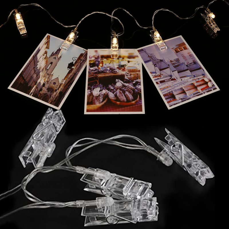 LED niz s klipovima za fotografije – dekorativno rasvjetno svjetlo za zid, USB/baterija napajanje, topla 3000K svjetlost, ručni prekidač