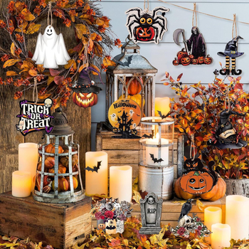 Ξύλινο κρεμαστό διακοσμητικό για το Χάλογουιν με μοτίβα μάγισσας, φάντασματος, κολοκύθας, μαύρης γάτας, εκτελεστή, αράχνης και νυχτερίδας