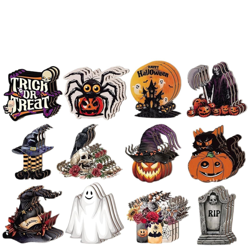 Drveni viseći ukras za drvo s Halloween motivima: vještica, duh, bundeva, crna mačka, Smrt, pauk, netopir