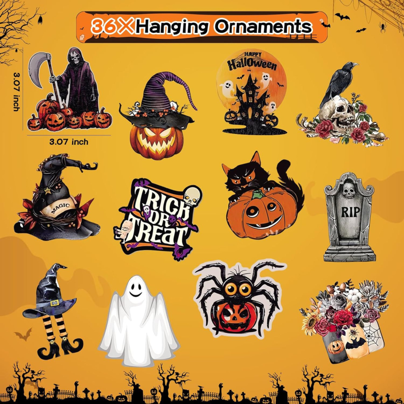 Drveni viseći ukras za drvo s Halloween motivima: vještica, duh, bundeva, crna mačka, Smrt, pauk, netopir