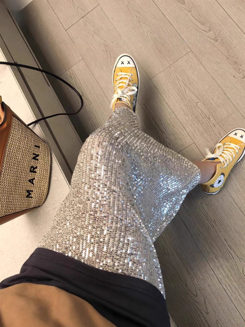 Φούστα γοργόνας με παγιέτες, υψηλή μέση, μεσαίου μήκους, διχτυωτό ύφασμα, λεπτομέρειες κολλάζ/ραφή, μικροελαστική