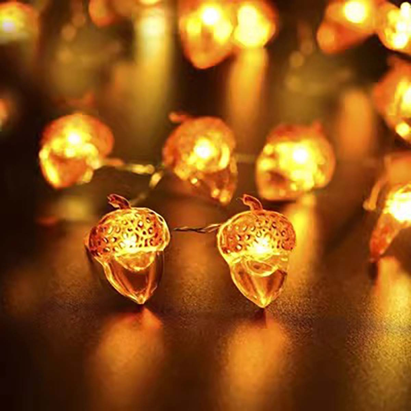LED niz u obliku žira, bakarna žica – topla bijela svjetlost, 20 LED, baterijsko kućište, dimmabilno, IP43