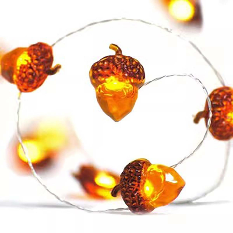 LED niz u obliku žira, bakarna žica – topla bijela svjetlost, 20 LED, baterijsko kućište, dimmabilno, IP43