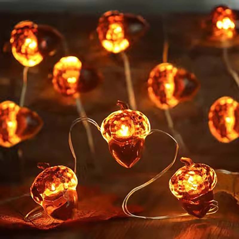 LED niz u obliku žira, bakarna žica – topla bijela svjetlost, 20 LED, baterijsko kućište, dimmabilno, IP43