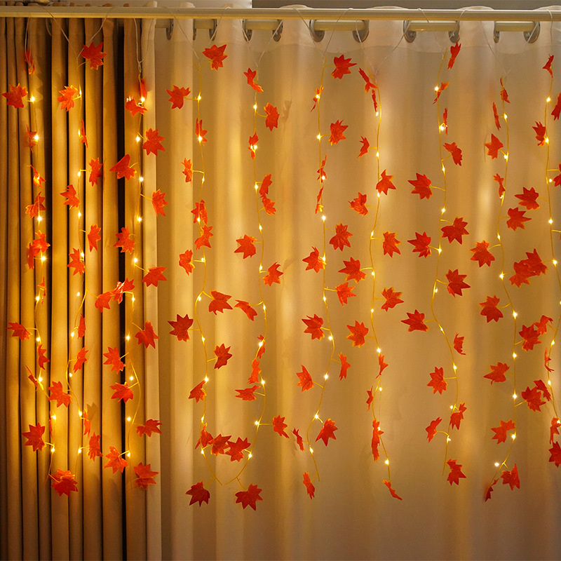 LED завесни светлини с дизайн на кленов лист (100 светодиода, USB захранване, IP44, димер, дистанционно управление)