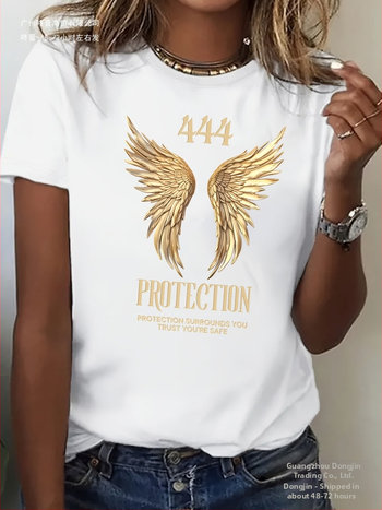 Γυναικεία βαμβακερή T-shirt με χρυσά φτερά και μοτίβο από τη Μέση Ανατολή, γεωμετρικό σχέδιο, στρογγυλός λαιμός, φαρδιά γραμμή, κοντά μανίκια