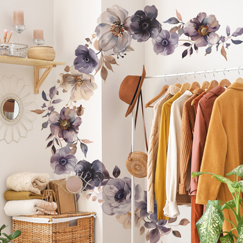 Σετ τριών αυτοκόλλητων τοίχου από PVC με μοτίβα λουλουδιών και πρασίνων φυτών για μοντέρνο μινιμαλιστικό στυλ διακόσμησης