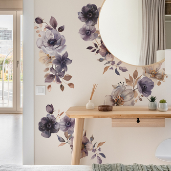 Σετ τριών αυτοκόλλητων τοίχου από PVC με μοτίβα λουλουδιών και πρασίνων φυτών για μοντέρνο μινιμαλιστικό στυλ διακόσμησης