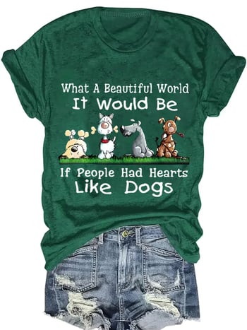 Pamut T‑shirt kutya tappancs és emberi láb mintával, kerek nyakú, rövid ujjú, A-formájú szabás, 95%+ pamut.