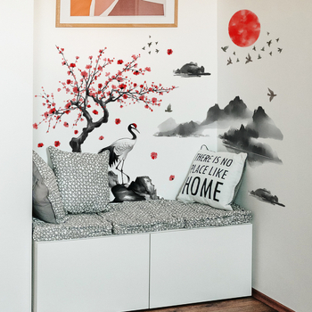 Τοίχος αυτοκόλλητο με Crane σχέδιο σε κινεζικό στυλ με μελάνι, PVC, αυτοκόλλητο, 1 τεμάχιο, κατάλληλο για σαλόνι, υπνοδωμάτιο, γραφείο, εστιατόριο, κουζίνα