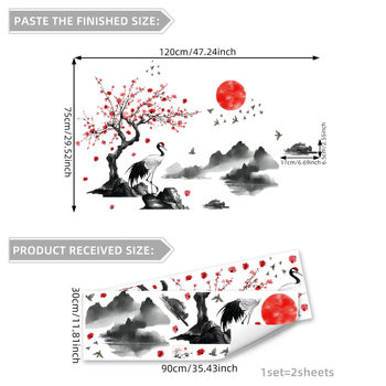 Τοίχος αυτοκόλλητο με Crane σχέδιο σε κινεζικό στυλ με μελάνι, PVC, αυτοκόλλητο, 1 τεμάχιο, κατάλληλο για σαλόνι, υπνοδωμάτιο, γραφείο, εστιατόριο, κουζίνα