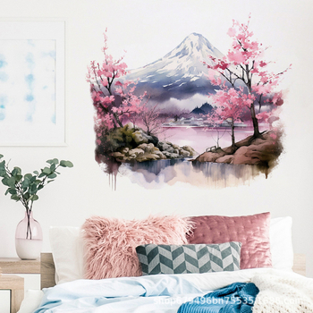 Ιαπωνικού στυλ αυτοκόλλητος τοίχου με τοπίο ανθισμένων κερασιών, αυτοκόλλητος, αδιάβροχο PVC, 2 τεμάχια, για σαλόνι και υπνοδωμάτιο