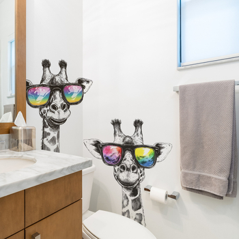 PVC αυτοκόλλητο τοίχου με καμηλοπάρδαλη σε καρτούν με γυαλιά ηλίου, 2 τεμάχια, αδιάβροχο, κατάλληλο για σαλόνι και υπνοδωμάτιο