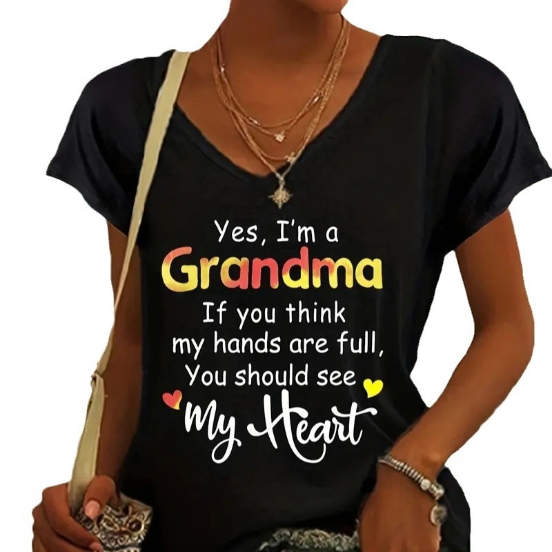 Женски топ с V-образно деколте, къс ръкав, принт, свободен силует, полиестер ≥95%, пролет 2024