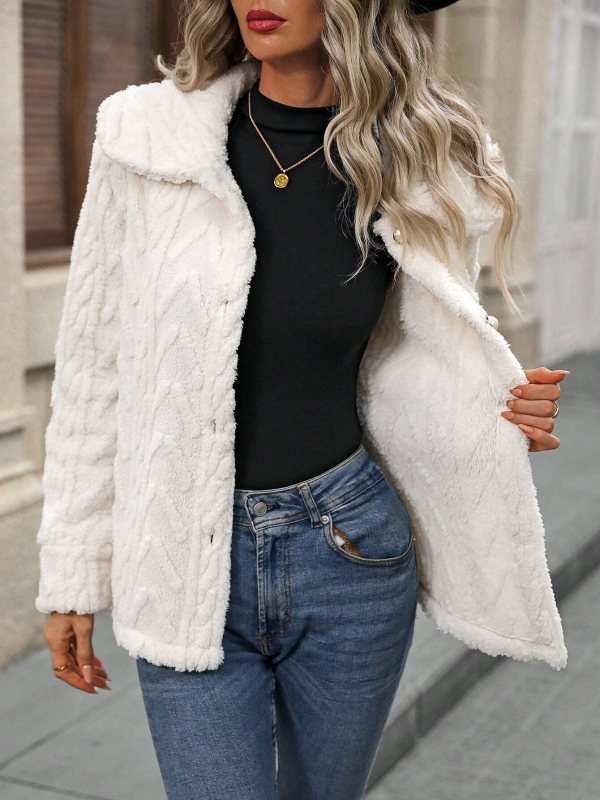 Női kétoldalas plüssel kardigán kabát nagy gallérral, hosszú ujjú, szabványos fazon, poliészter 80–90%