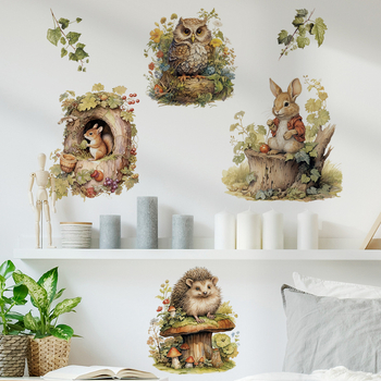 Αυτοκόλλητο τοίχου PVC – αδιάβροχο διακοσμητικό με θέμα τα ζώα του δάσους; 1 τεμάχιο; για σαλόνι ή υπνοδωμάτιο; κινούμενο σχέδιο, επίπεδη σχεδίαση.