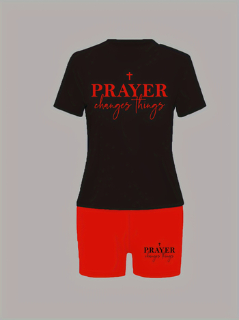 N8008P63 Δύο τεμάχια σετ γυναικείων: τοπ με κοντά μανίκια και σορτς, εκτύπωση γραμμάτων, πολυεστέρας