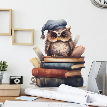 Αυτοκόλλητο τοίχου με κουκουβάγια που διαβάζει βιβλίο – μοτίβο με ζωάκια σε κινούμενα σχέδια, κατάλληλο για σαλόνι, υπνοδωμάτιο ή είσοδο, μοντέρνο απλό στυλ