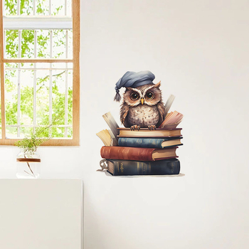 Αυτοκόλλητο τοίχου με κουκουβάγια που διαβάζει βιβλίο – μοτίβο με ζωάκια σε κινούμενα σχέδια, κατάλληλο για σαλόνι, υπνοδωμάτιο ή είσοδο, μοντέρνο απλό στυλ