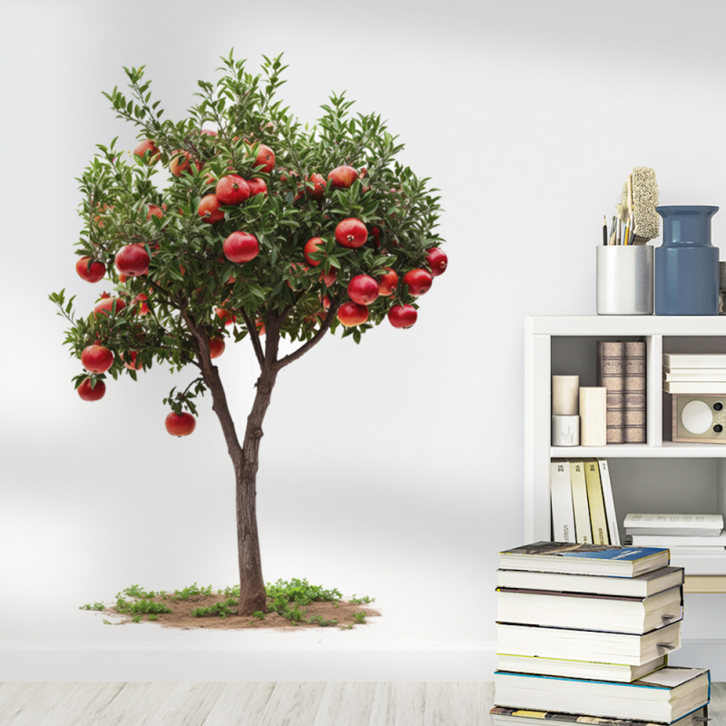 Dekoratív falmatrica – gránátfa és zöld növények (Anyag: PVC; Funkció: vízálló, dekoratív; Motívum: növényi; Helyszín: nappali, hálószoba, dolgozószoba)