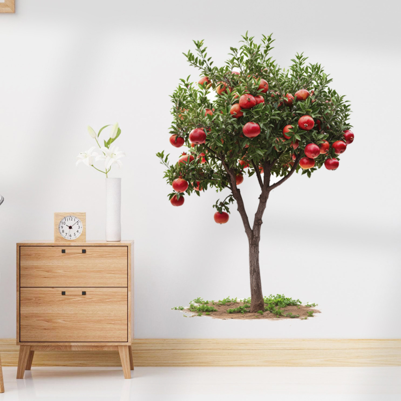 Dekoratív falmatrica – gránátfa és zöld növények (Anyag: PVC; Funkció: vízálló, dekoratív; Motívum: növényi; Helyszín: nappali, hálószoba, dolgozószoba)