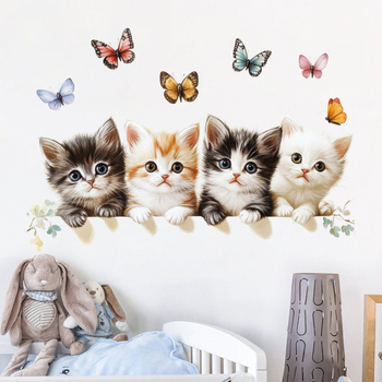 Αυτοκόλλητο τοίχου με καρτούν γάτα και πεταλούδα – διακοσμητικό τοίχου από PVC, 5+ τεμάχια, κατάλληλο για σαλόνι, υπνοδωμάτιο, εστιατόριο και είσοδο