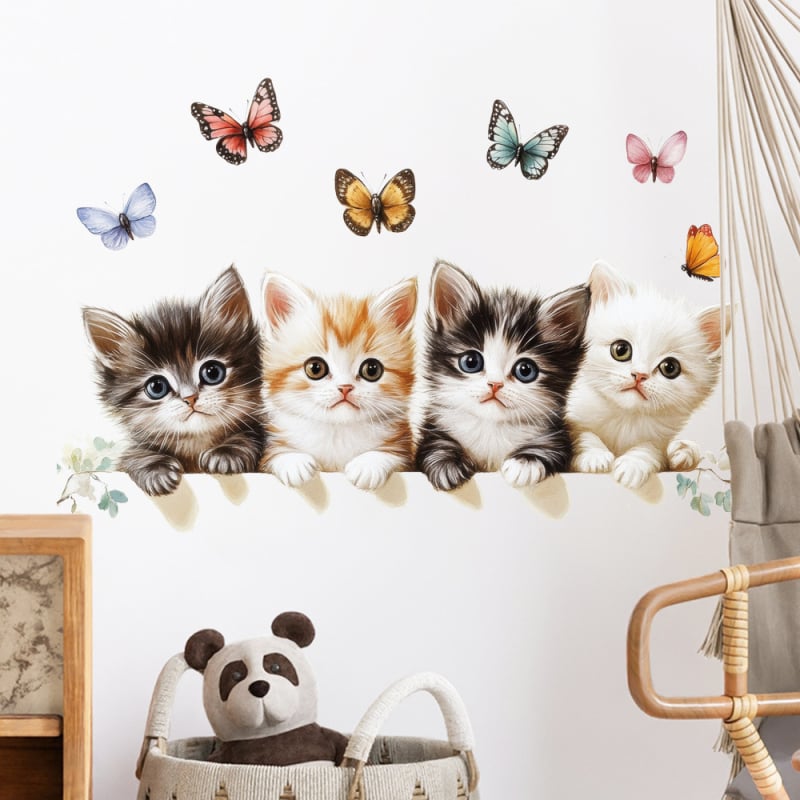Rajzfilmszerű macska és pillangó fali matrica – öntapadós PVC, 5+ darab, ideális nappaliba, hálószobába, étterembe és előtérbe