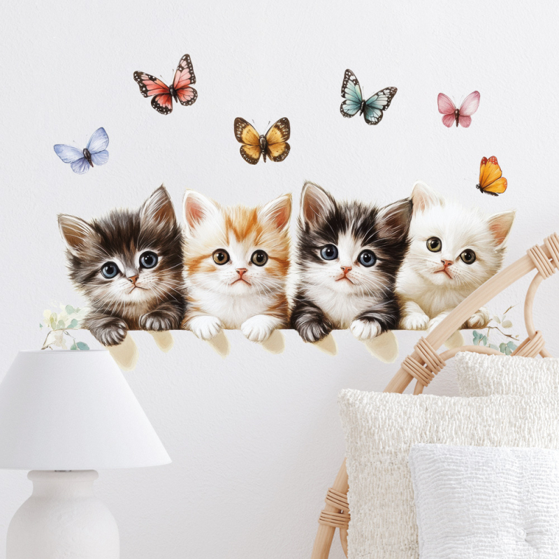 Rajzfilmszerű macska és pillangó fali matrica – öntapadós PVC, 5+ darab, ideális nappaliba, hálószobába, étterembe és előtérbe