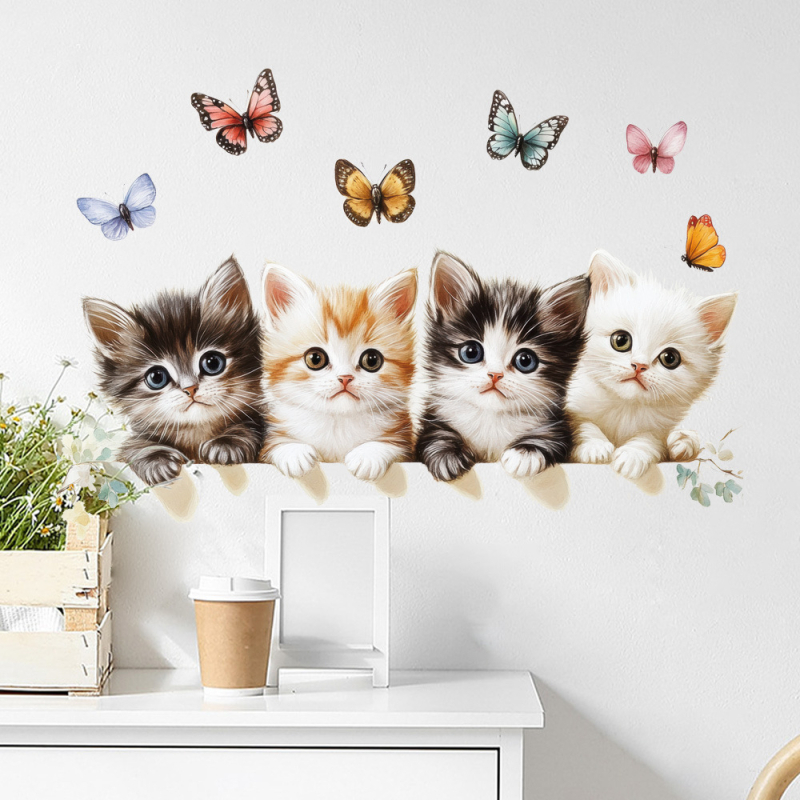 Rajzfilmszerű macska és pillangó fali matrica – öntapadós PVC, 5+ darab, ideális nappaliba, hálószobába, étterembe és előtérbe