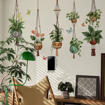 Σετ αυτοκόλλητων τοίχου – Φρέσκια γλάστρα με πράσινα φυτά, 3 τεμάχια PVC αυτοκόλλητο τοίχου graffiti, μοτίβο χαριτωμένων ζώων