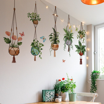 Σετ αυτοκόλλητων τοίχου – Φρέσκια γλάστρα με πράσινα φυτά, 3 τεμάχια PVC αυτοκόλλητο τοίχου graffiti, μοτίβο χαριτωμένων ζώων