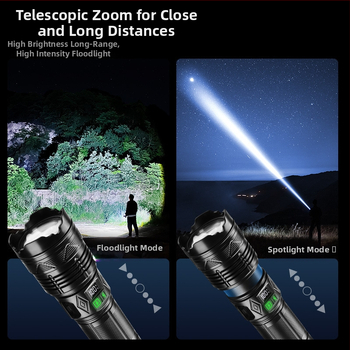 Φακός LED, επαναφορτιζόμενος, μπαταρία 3600 mAh, ισχύς 15 W, εμβέλεια άνω των 500 m, περιστροφή 360°