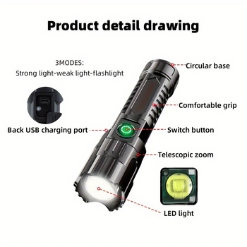 Rankinis LED žibintas USB įkrovimas, reguliuojamas zoom, 5W LED, 18650 baterija, 3,7V