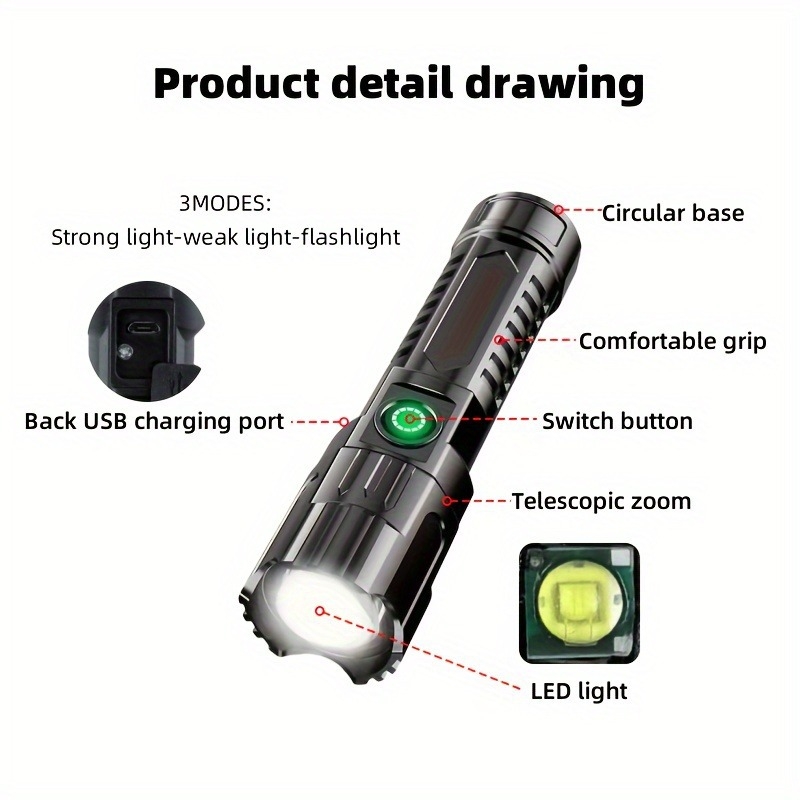 Rankinis LED žibintas USB įkrovimas, reguliuojamas zoom, 5W LED, 18650 baterija, 3,7V