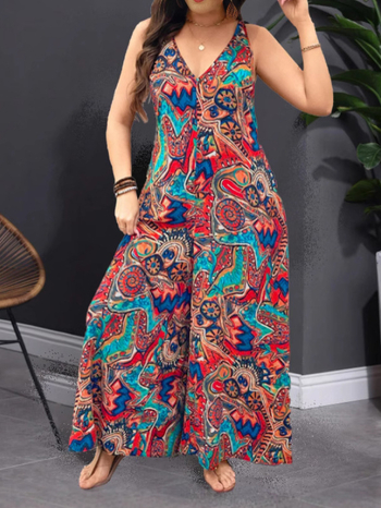 Ολόσωμη φόρμα με V-λαιμό, μποέμ εκτύπωση, χωρίς μανίκια, ψηλή μέση, φαρδιά παντελόνια