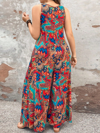 Ολόσωμη φόρμα με V-λαιμό, μποέμ εκτύπωση, χωρίς μανίκια, ψηλή μέση, φαρδιά παντελόνια