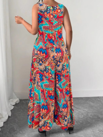 Ολόσωμη φόρμα με V-λαιμό, μποέμ εκτύπωση, χωρίς μανίκια, ψηλή μέση, φαρδιά παντελόνια