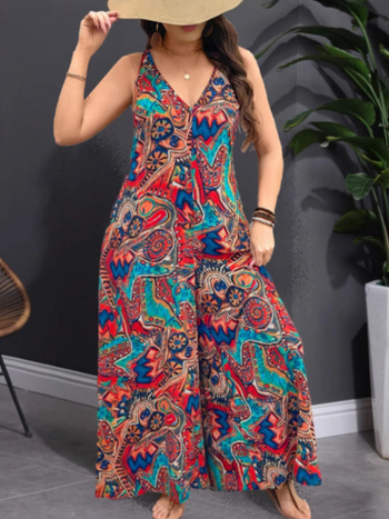 Ολόσωμη φόρμα με V-λαιμό, μποέμ εκτύπωση, χωρίς μανίκια, ψηλή μέση, φαρδιά παντελόνια