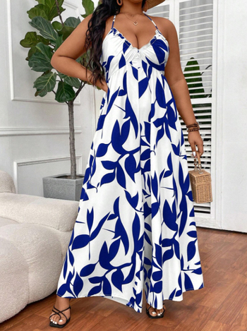 Бохемски принт, висока талия, халтер-връзка за врата, широки крачоли, полиестер, свободен силует