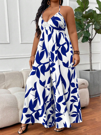 Бохемски принт, висока талия, халтер-връзка за врата, широки крачоли, полиестер, свободен силует